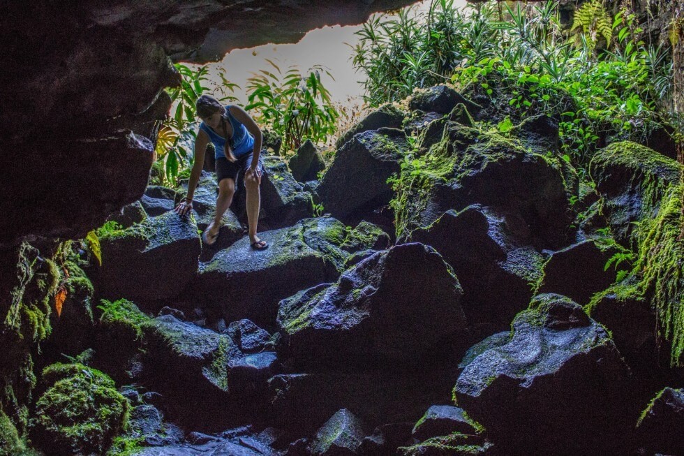 Jenny Climbing into Kaumana Caves Hilo Hawaii