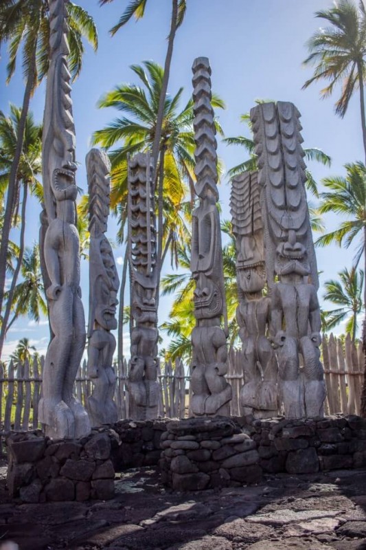Wooden Statues at The City Of Refuge Big Island Hawaii