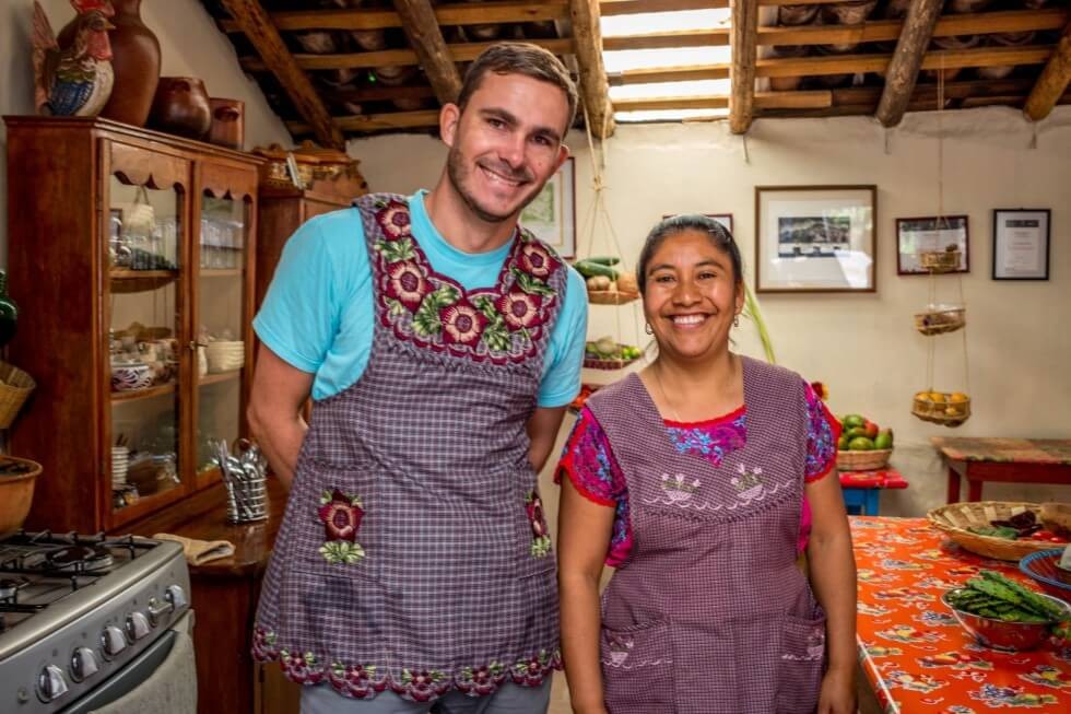Tom and Reyna in the kitchen Oaxaca Cooking Classes